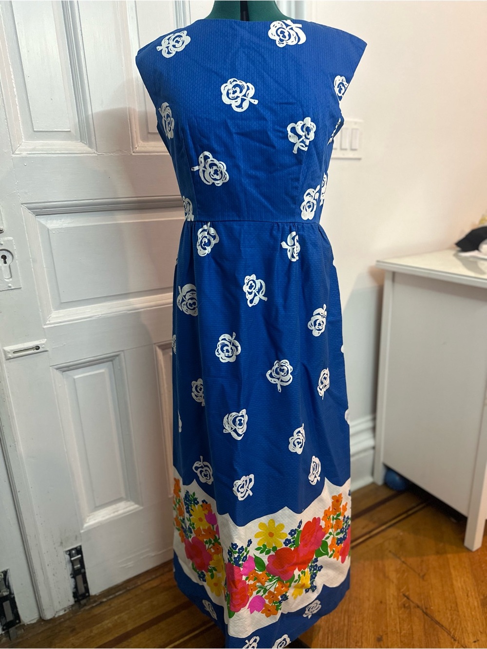 Vintage Blue Floral Border Midi Dress - Malia Brand from Honolulu